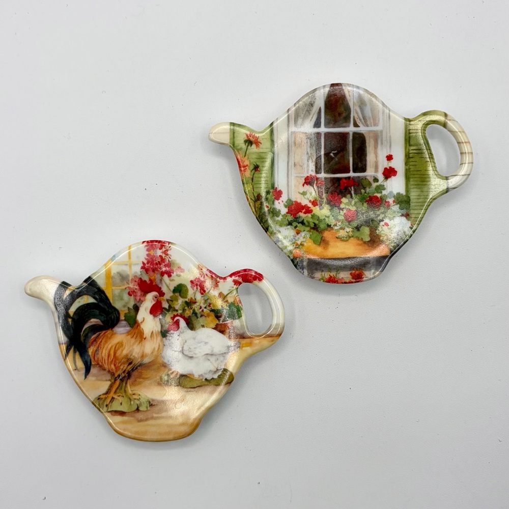 Vintage Melamine Tea Bag Holder / Rest - Set of 2 - Rooster & Window Box - Italy